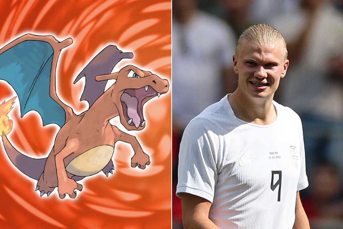 A composite image of artwork of Charizard from Pokemon FireRed and a photo of Erling Haaland