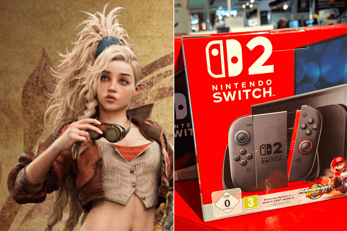 A composite image of artwork of Gemma in Monster Hunter Wilds and a photo of the Nintendo Switch 2 box