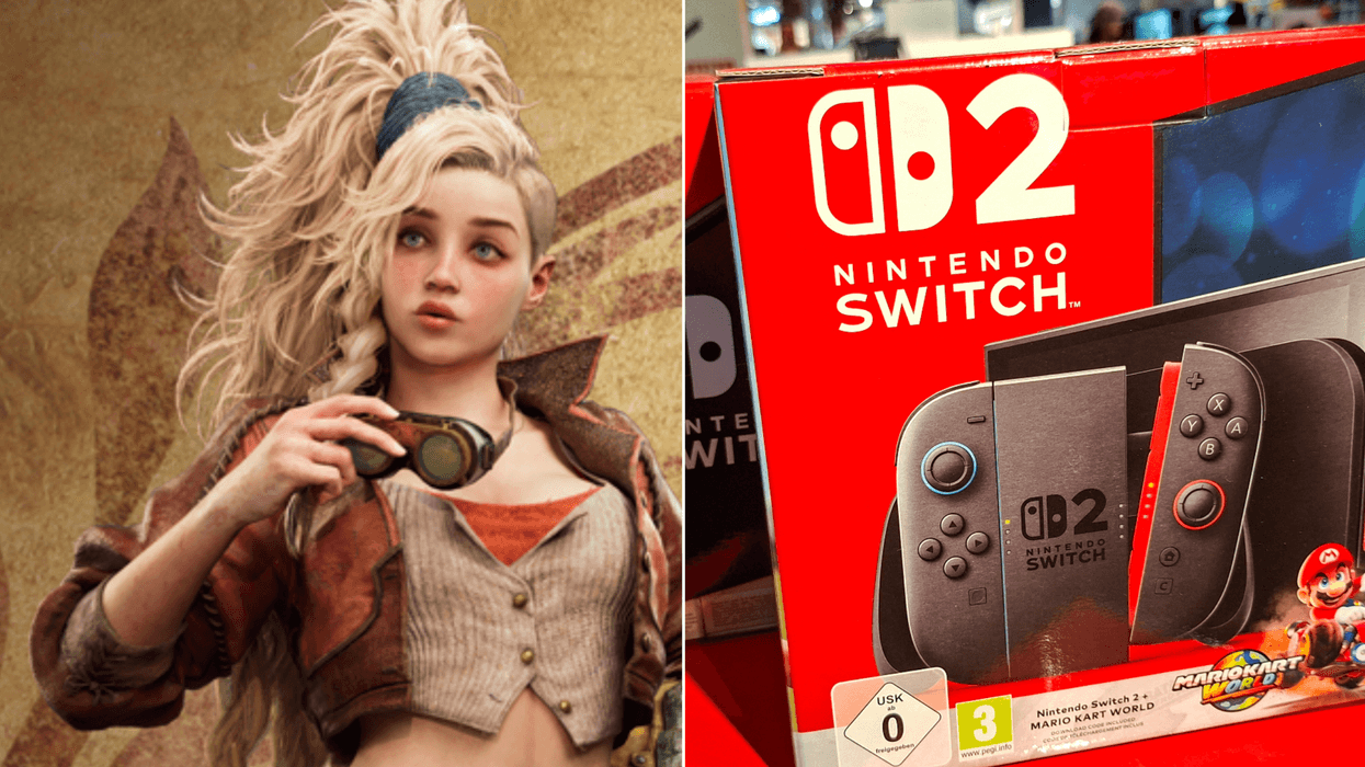 A composite image of artwork of Gemma in Monster Hunter Wilds and a photo of the Nintendo Switch 2 box
