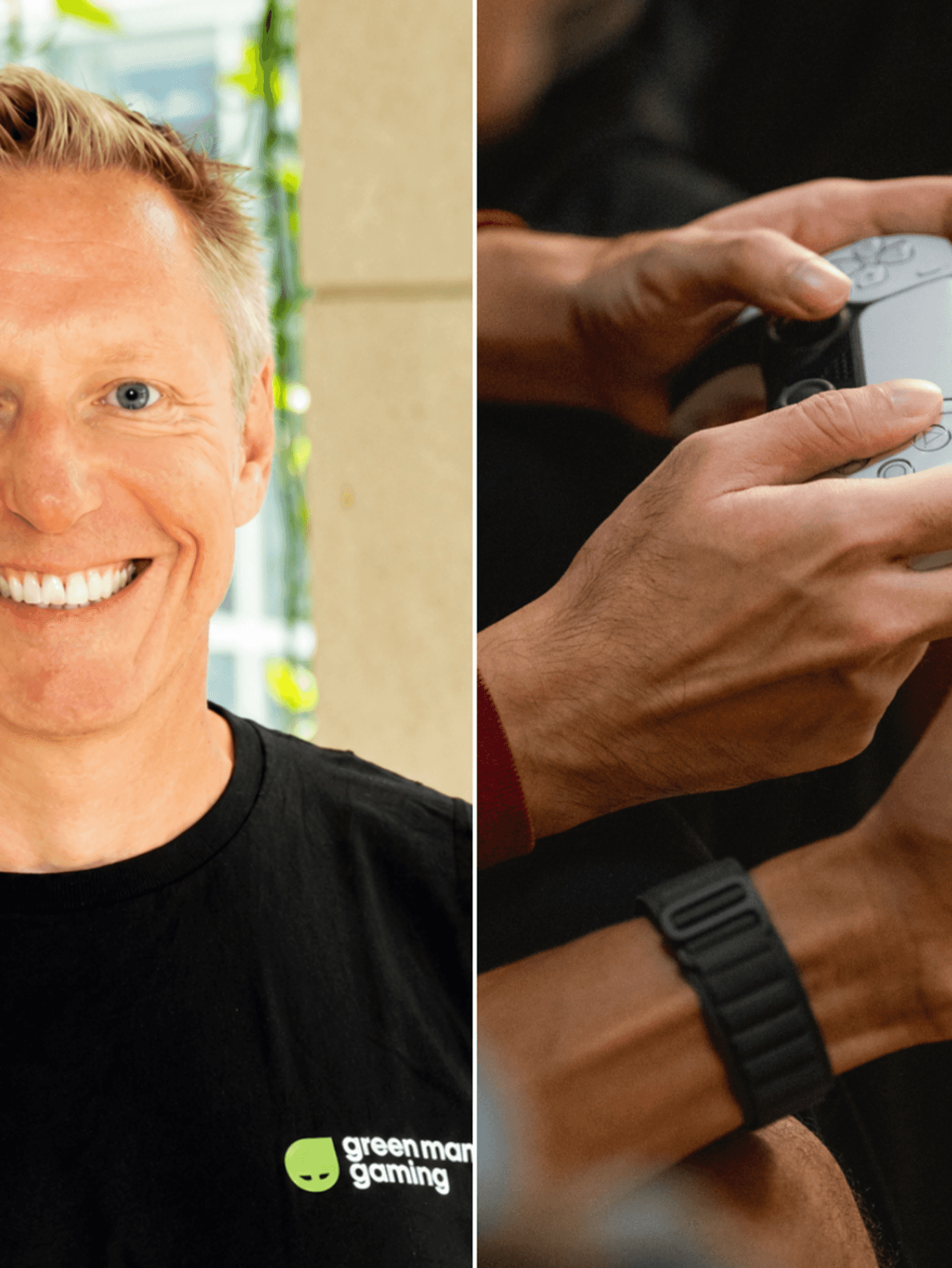 A composite image of CEO of Green Man Gaming Paul Sulyok and a stock image of two people playing PS5