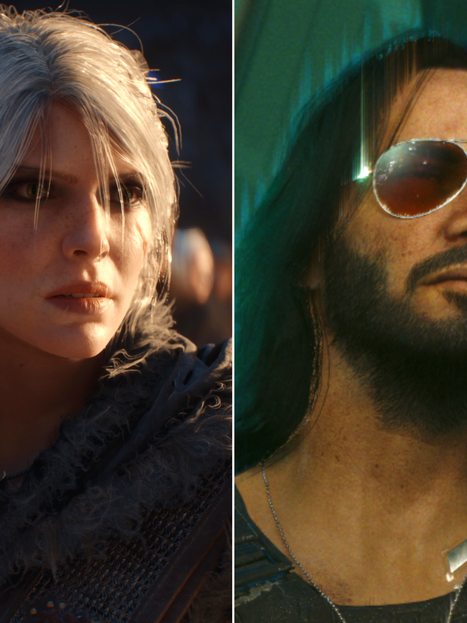 A composite image of Ciri in The Witcher 4 and Johnny Silverhand from Cyberpunk 2077