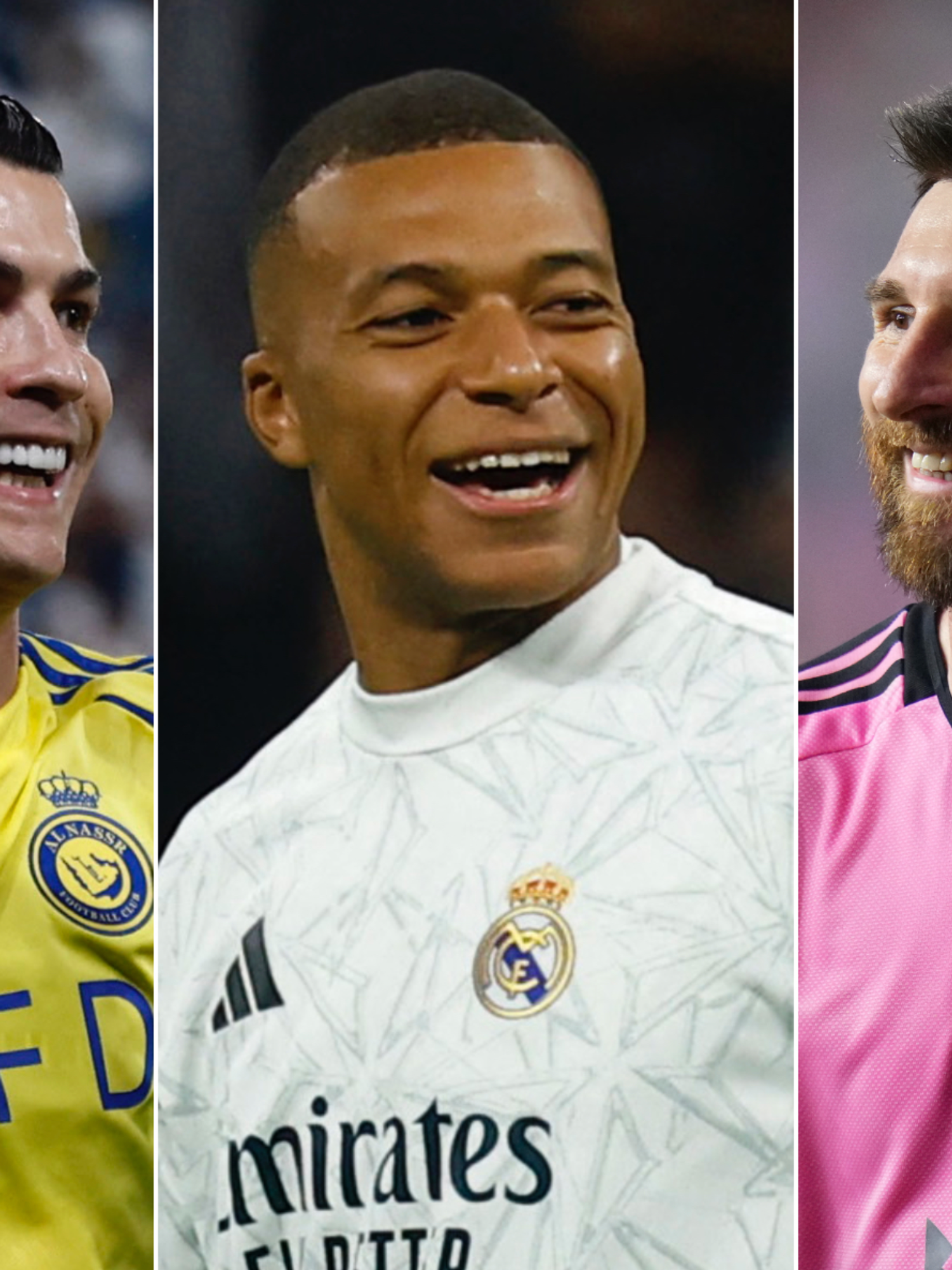 A composite image of Cristiano Ronaldo, Kylian Mbappe and Lionel Messi