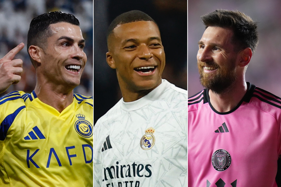 A composite image of Cristiano Ronaldo, Kylian Mbappe and Lionel Messi