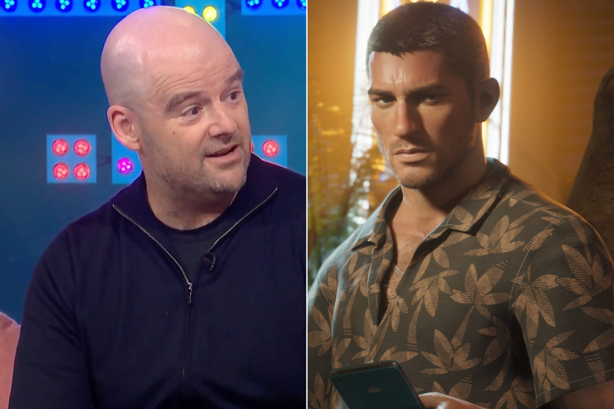 A composite image of Dan Houser and a screenshot of Jason Duval in GTA 6