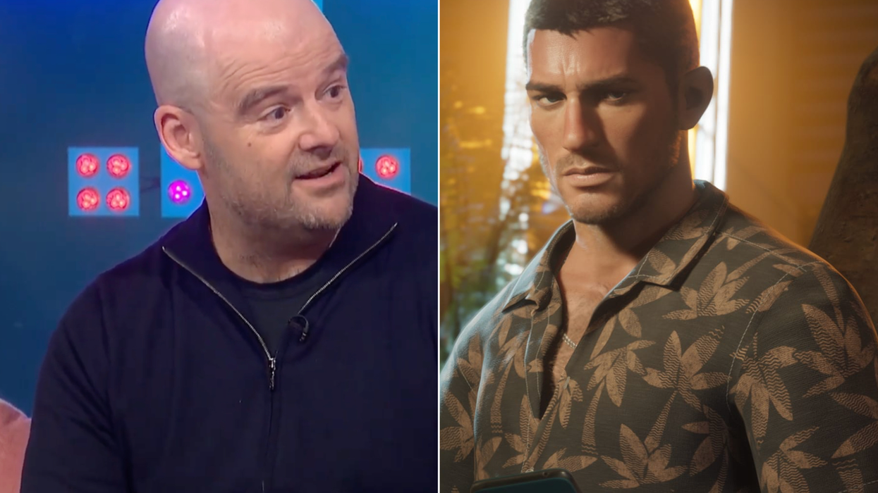 A composite image of Dan Houser and a screenshot of Jason Duval in GTA 6