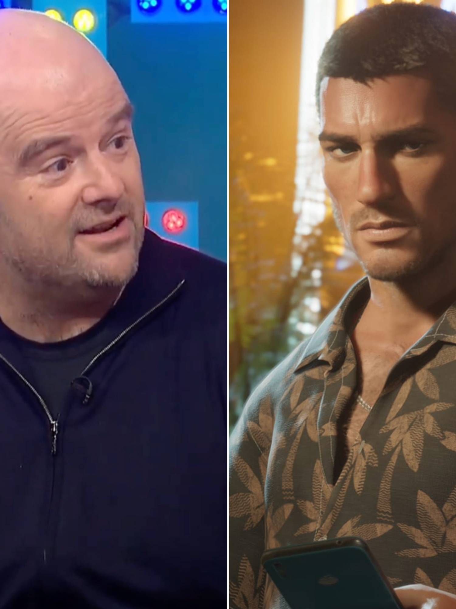 A composite image of Dan Houser and a screenshot of Jason Duval in GTA 6