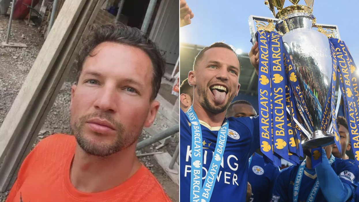 A composite image of Danny Drinkwater working on a building site and lifting the Premier League trophy
