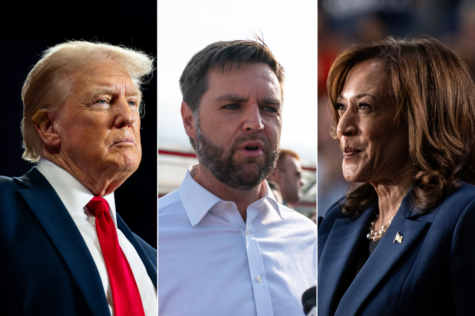 A composite image of Donald Trump, JD Vance and Kamala Harris