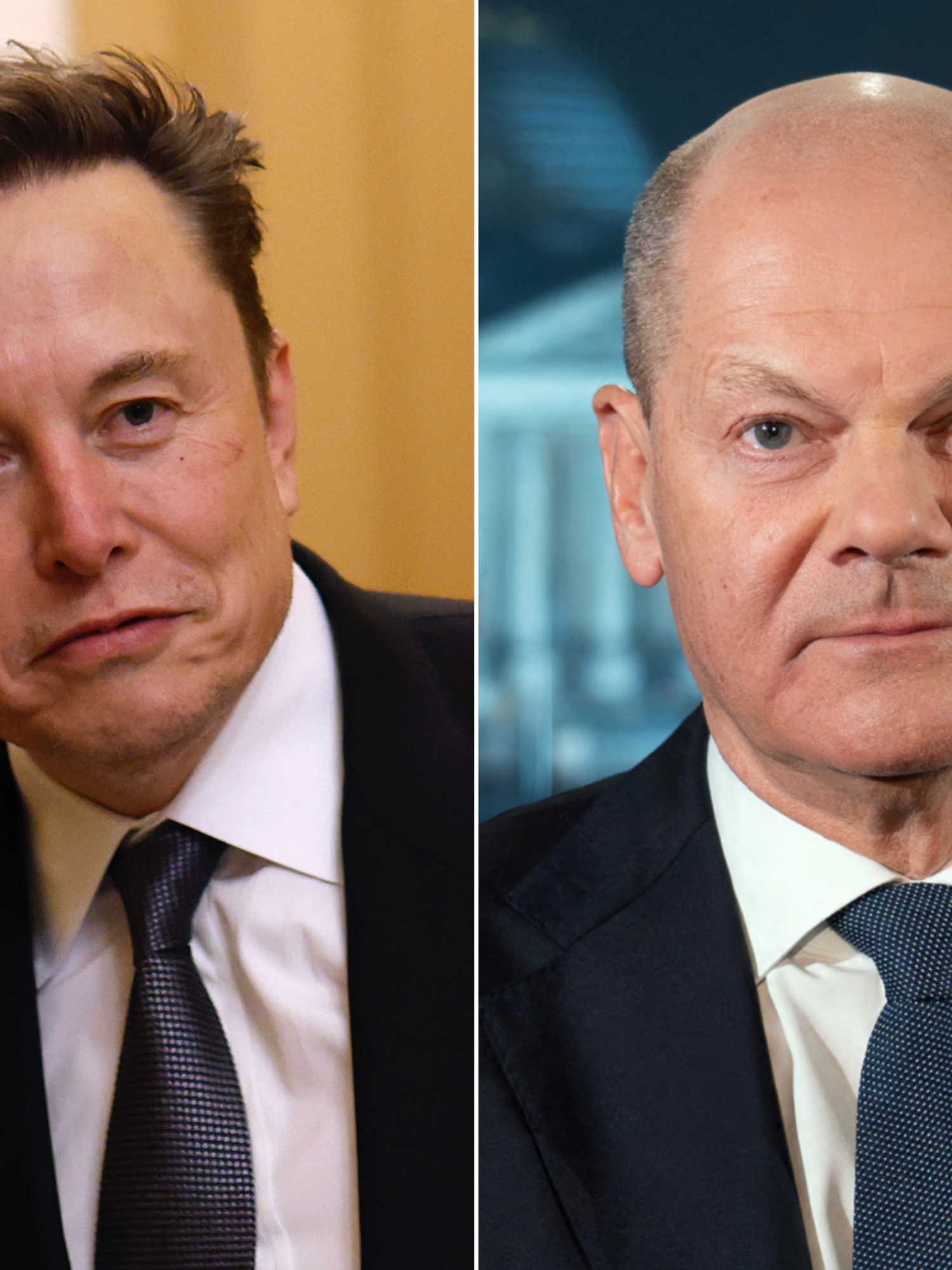 A composite image of Elon Musk (L) and Olaf Schulz (R)