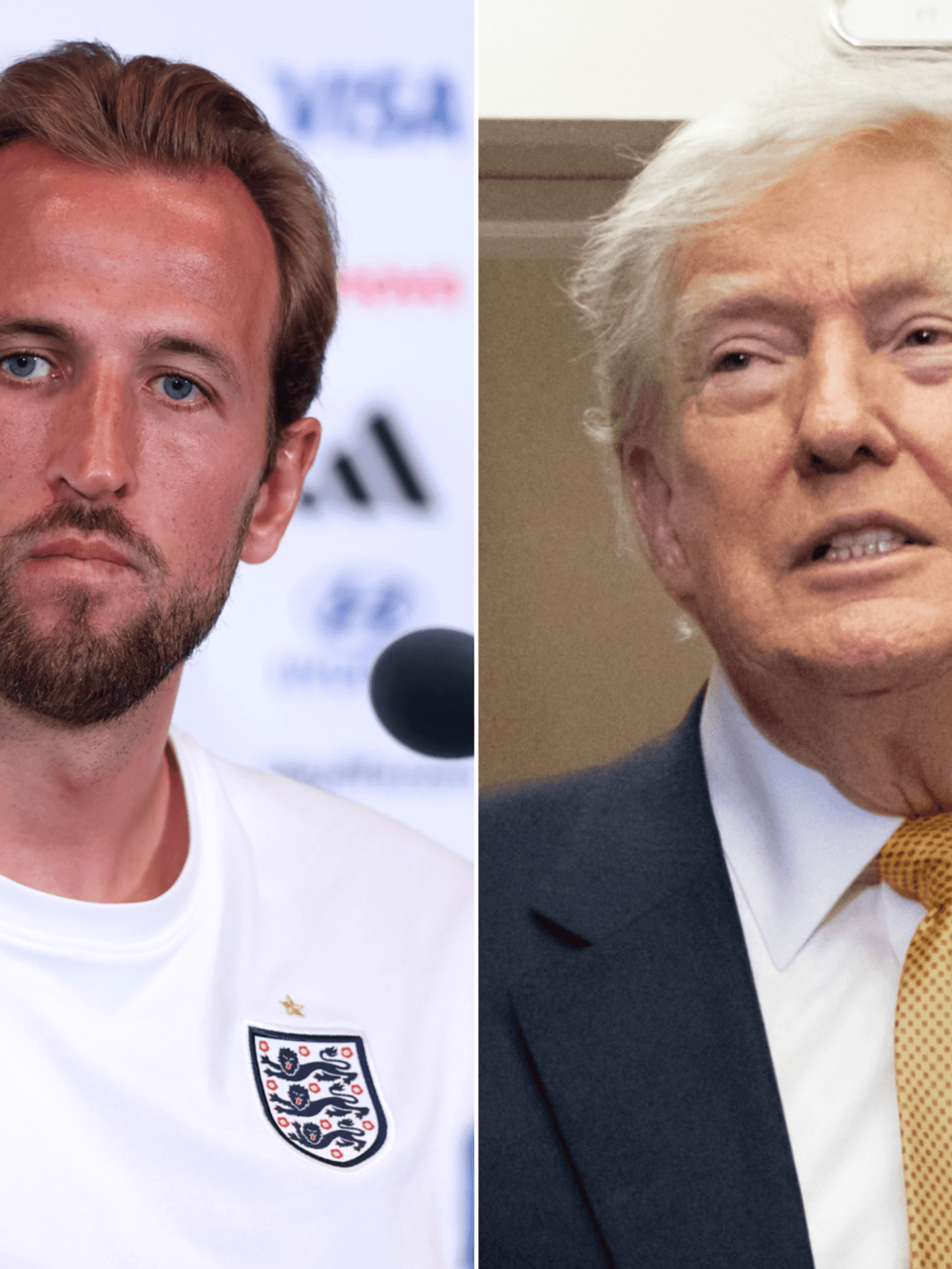 A composite image of England football captain Harry Kane and US President Donald Trump