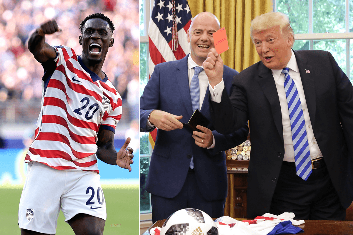 A composite image of Folarin Balogun celebrating for USMNT and a photo of Gianni Infantino with Donald Trump holding up a red card