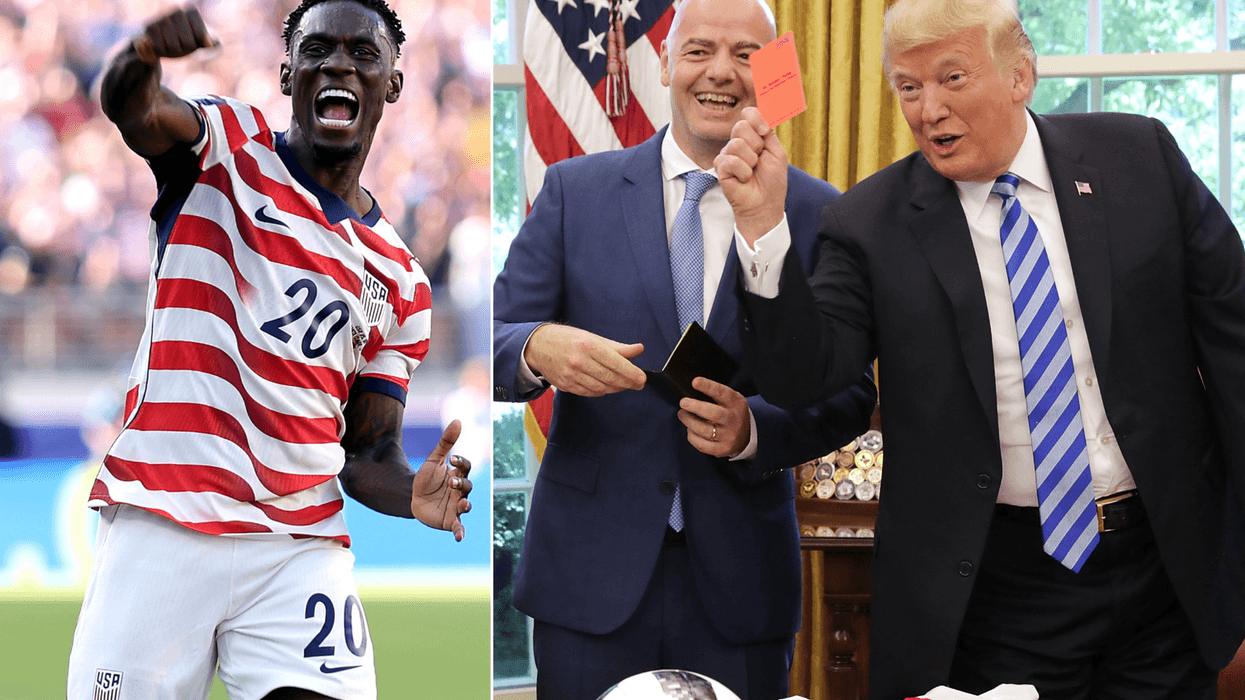 A composite image of Folarin Balogun celebrating for USMNT and a photo of Gianni Infantino with Donald Trump holding up a red card
