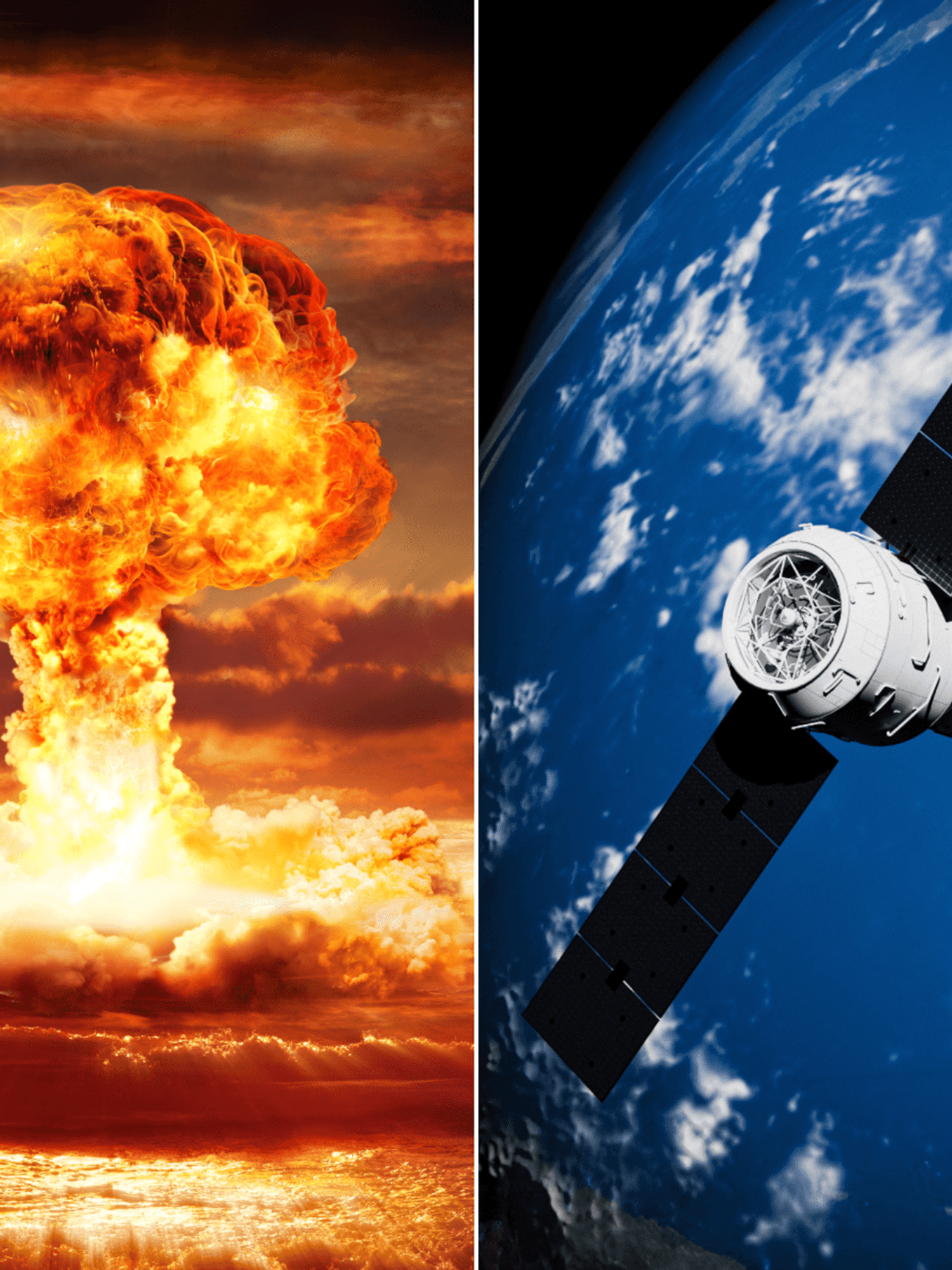 A composite image of general shots of a nuclear cloud and a satellite in space