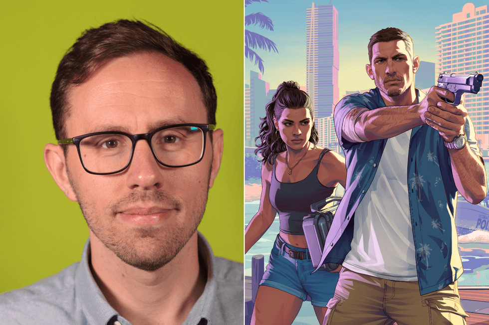 A composite image of George Osborn and official artwork for GTA 6