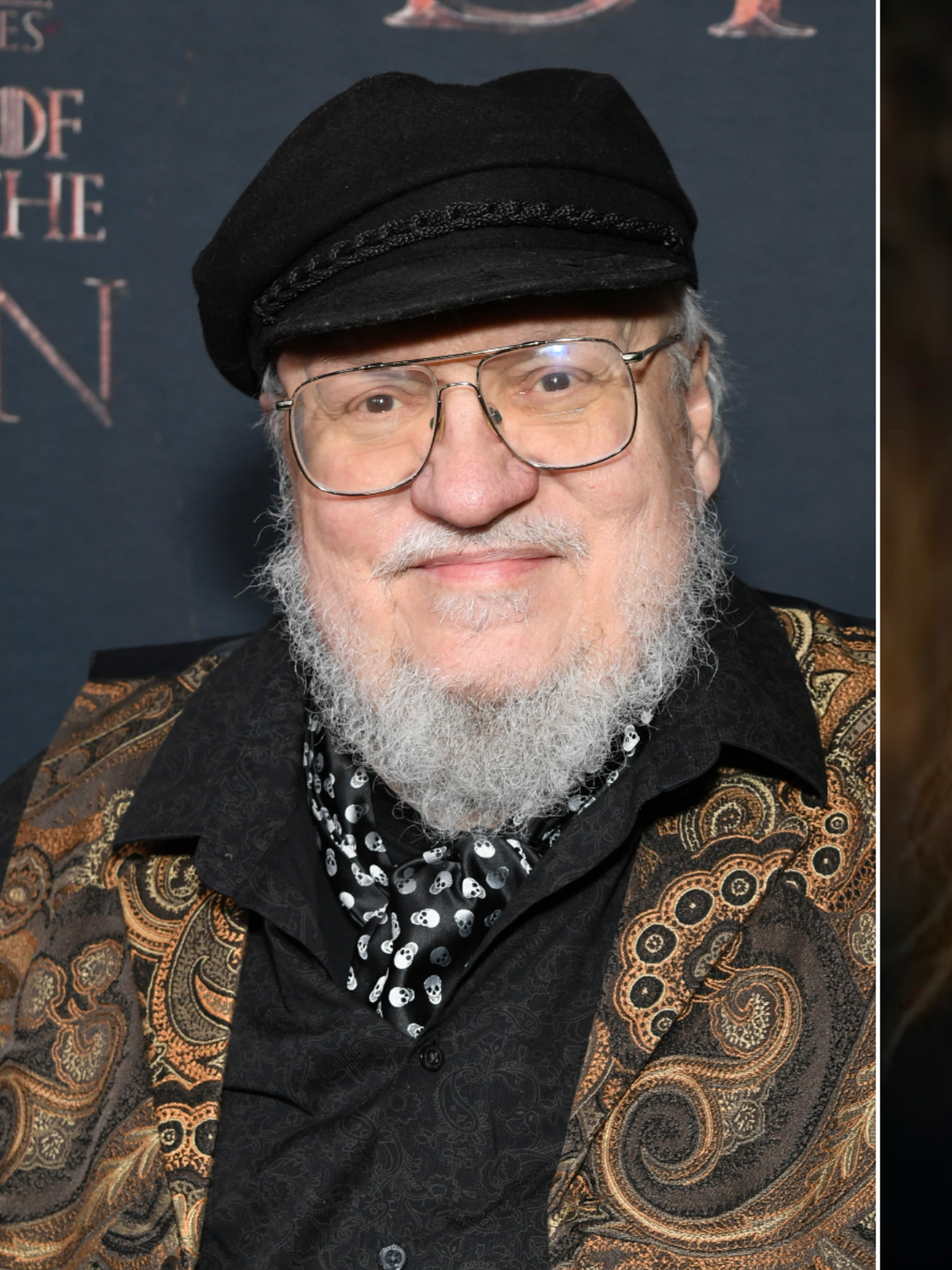 A composite image of George RR Martin and a screenshot from a House of the Dragon trailer