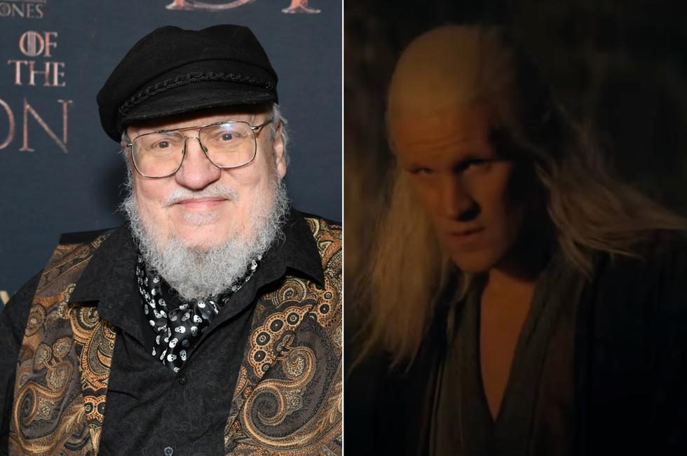 A composite image of George RR Martin and a screenshot from a House of the Dragon trailer