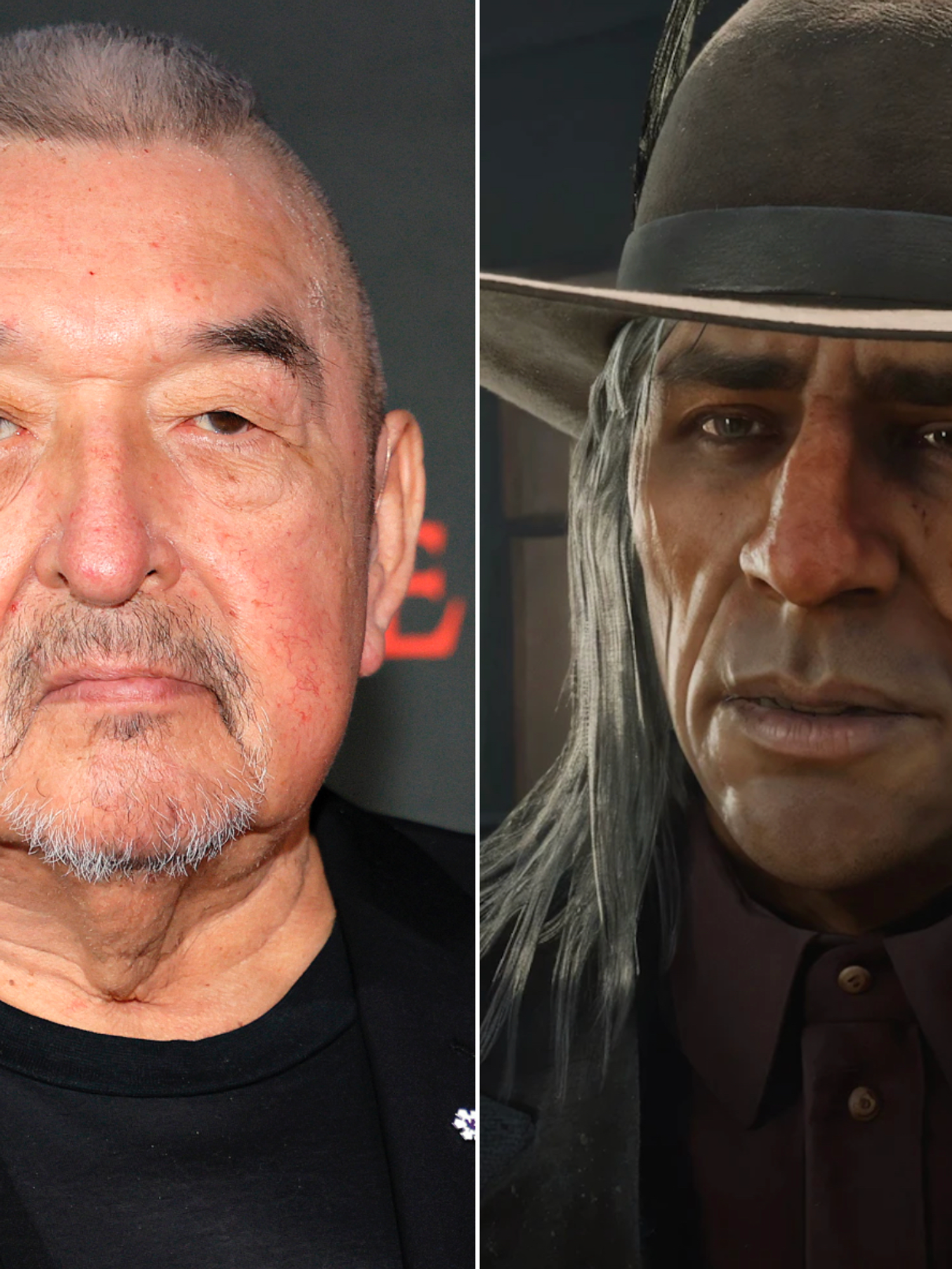 A composite image of Graham Greene and Rains Fall from Red Dead Redemption 2