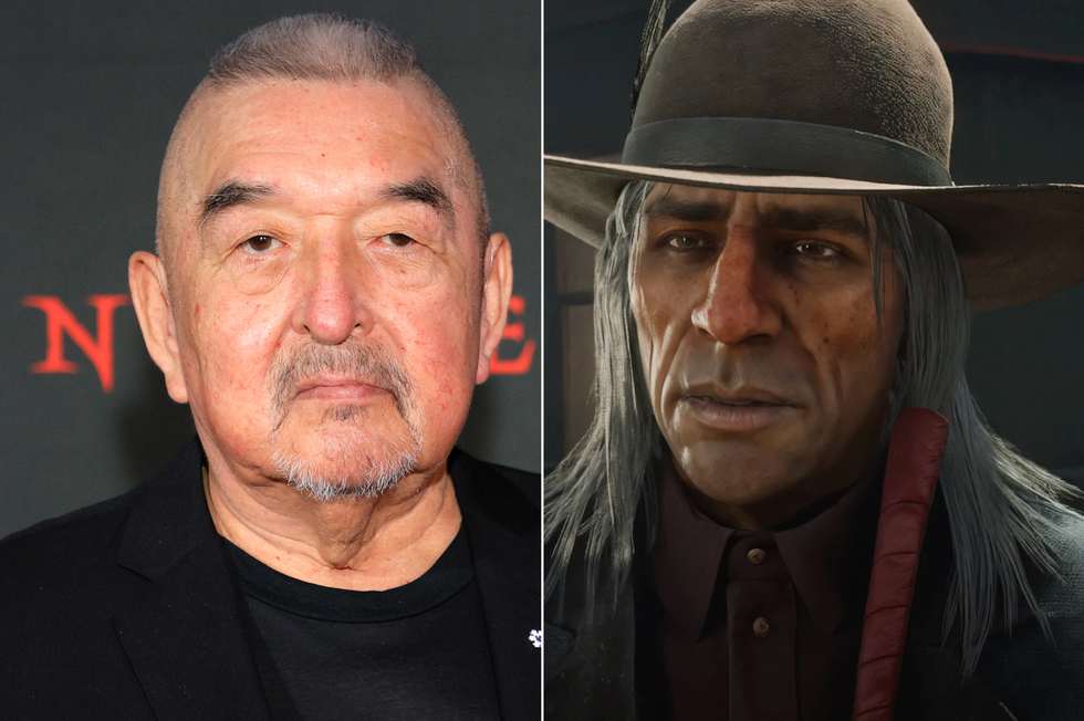 A composite image of Graham Greene and Rains Fall from Red Dead Redemption 2