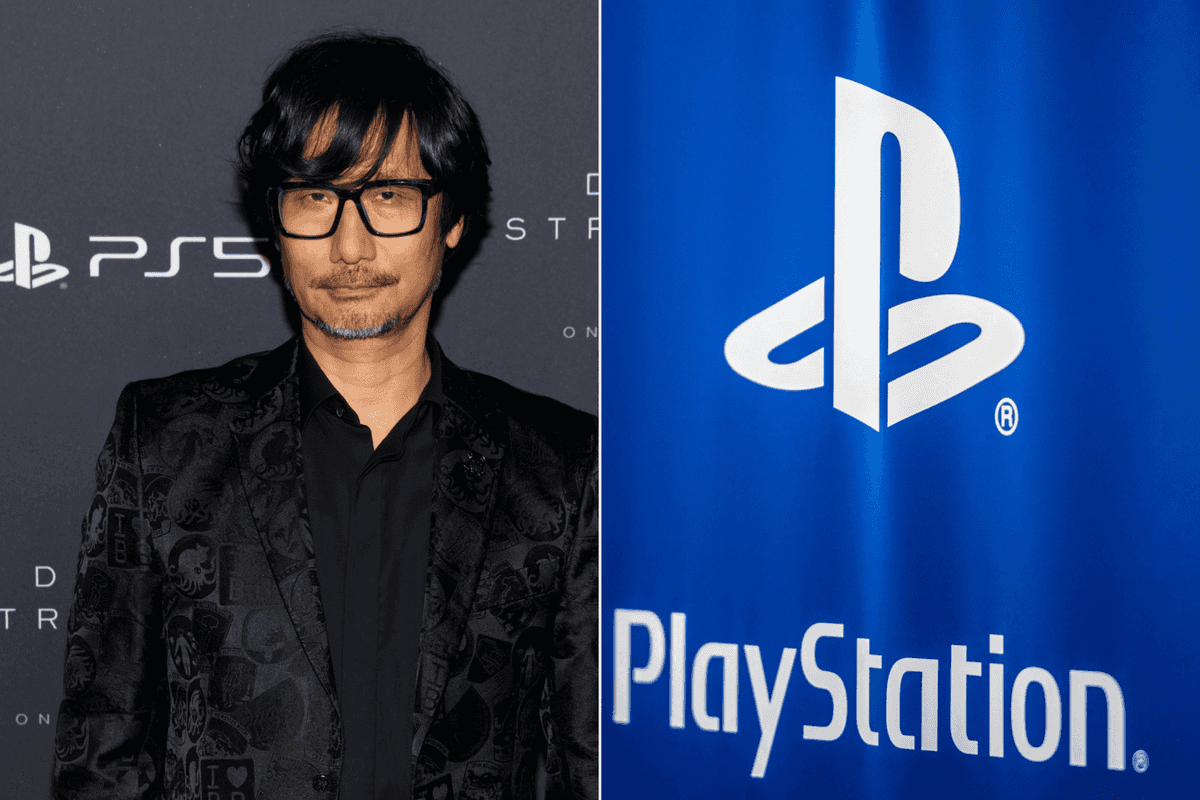 A composite image of Hideo Kojima and the PlayStation logo