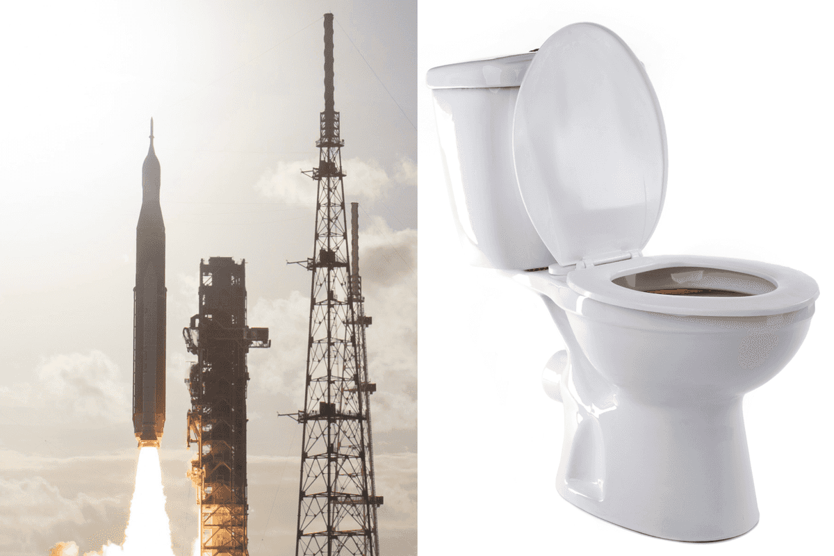 A composite image of Integrity taking off and a stock image of a loo