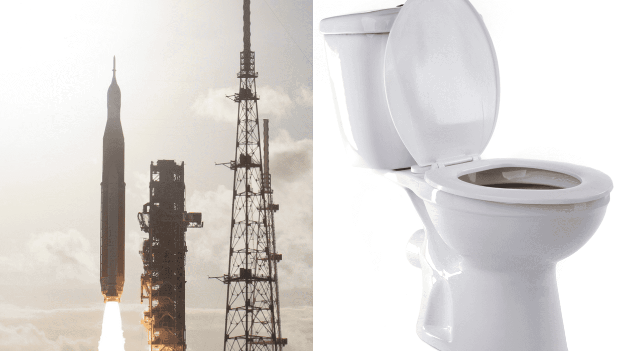 A composite image of Integrity taking off and a stock image of a loo