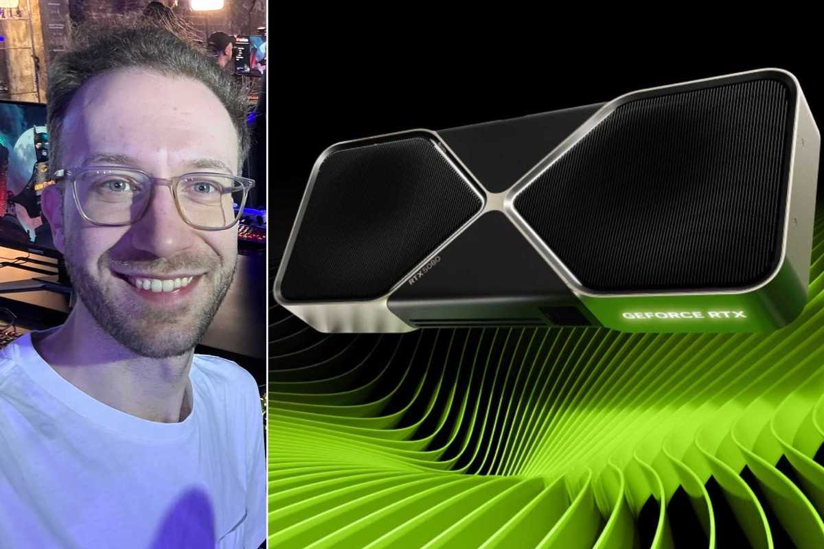 A composite image of Jake Brigstock and a Nvidia GeForce RTX 5080 GPU