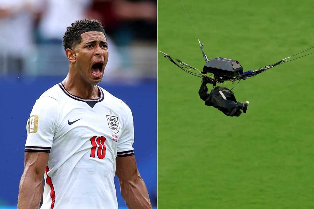A composite image of Jude Bellingham celebrating England's first goal against Norway and spidercam