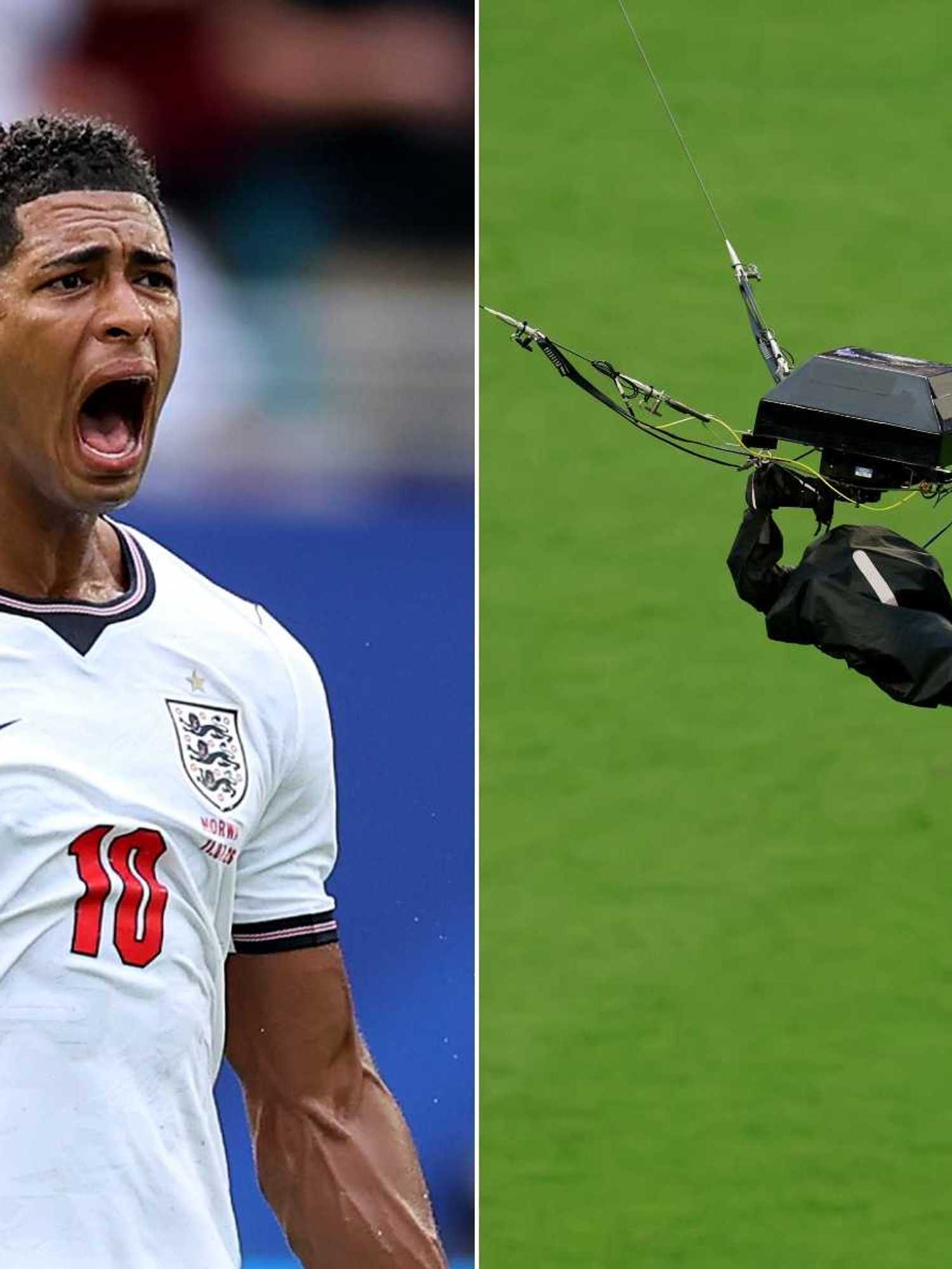A composite image of Jude Bellingham celebrating England's first goal against Norway and spidercam