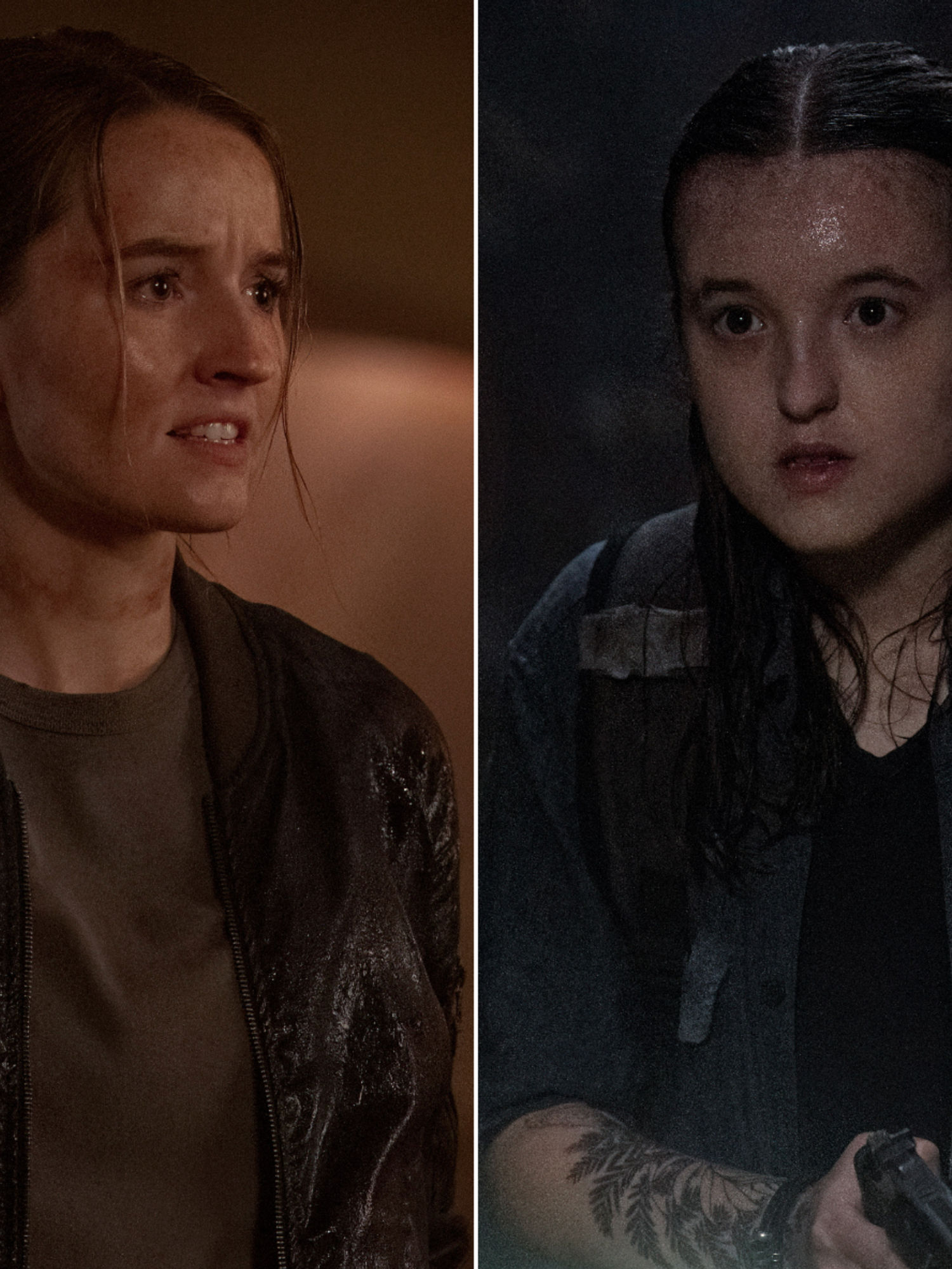 A composite image of Kaitlyn Dever as Abby and Bella Ramsey as Ellie in HBO's adaptation of The Last of Us