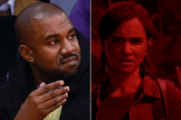 A composite image of Kanye West and a screenshot of Ellie from The Last of Us Part 2 Remastered PC trailer