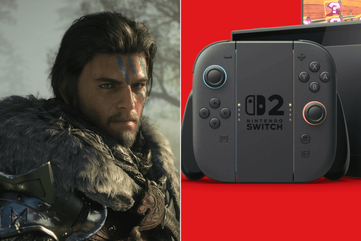 A composite image of Kliff from Crimson Desert and a screenshot of the Nintendo Switch 2 from the overview trailer