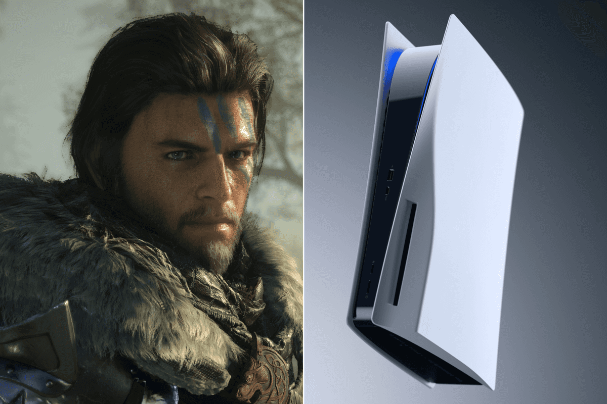 A composite image of Kliff Macduff in Crimson Desert and a product image of a base PS5