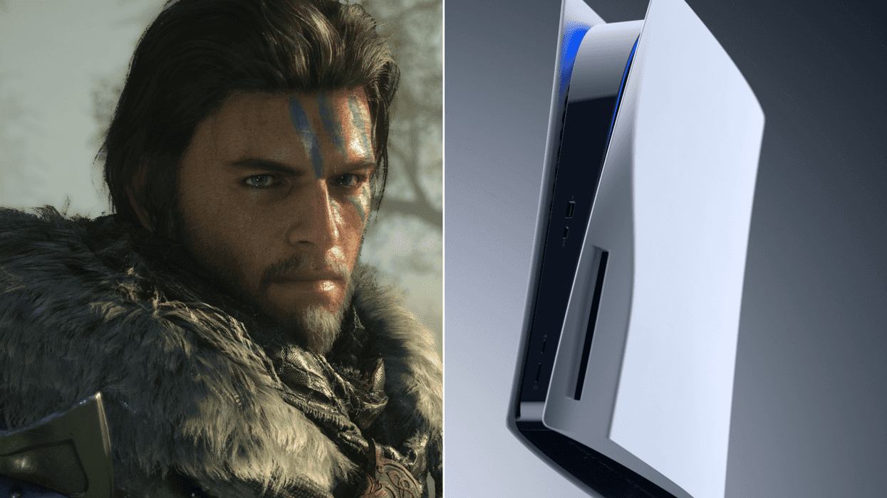 A composite image of Kliff Macduff in Crimson Desert and a product image of a base PS5