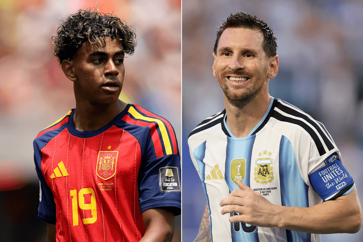 A composite image of Lamine Yamal and Lionel Messi