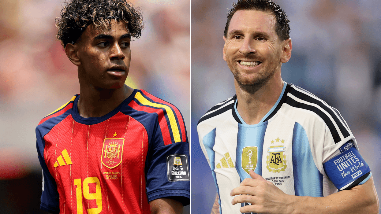 A composite image of Lamine Yamal and Lionel Messi