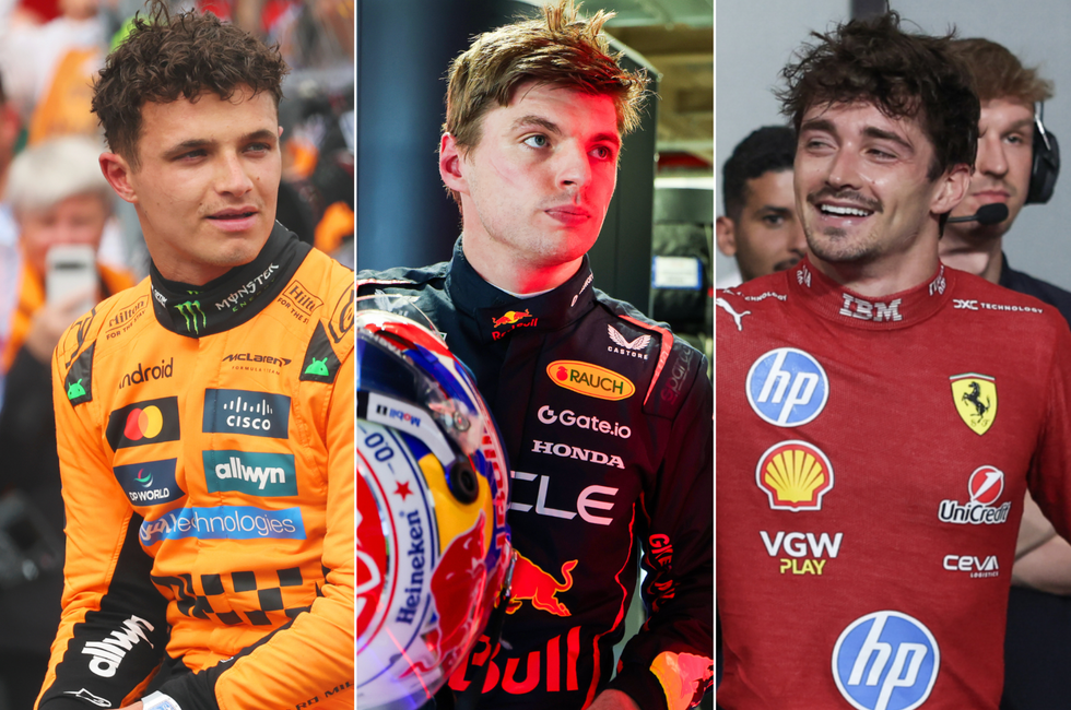A composite image of Lando Norris, Max Verstappen and Charles Leclerc
