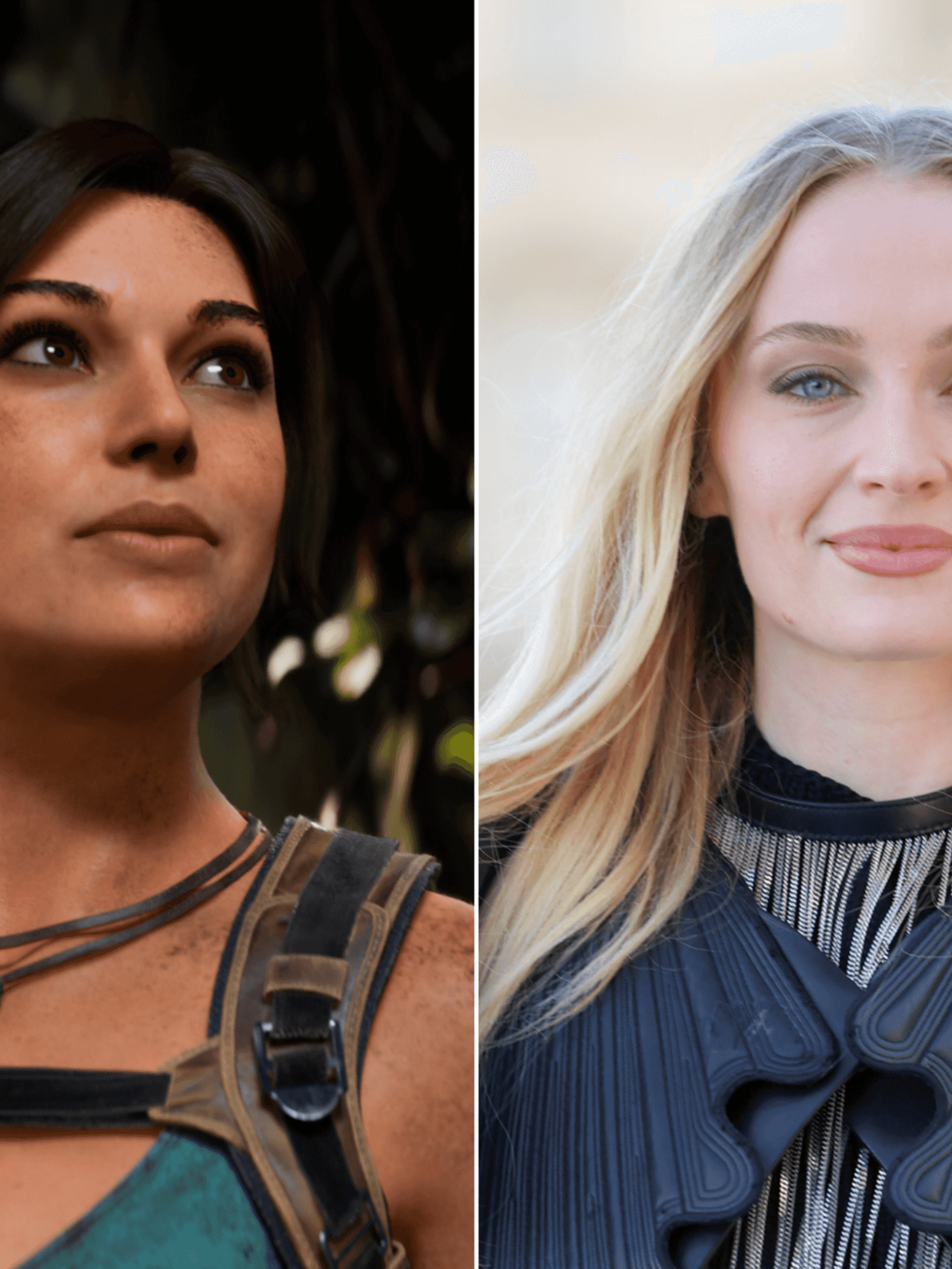A composite image of Lara Croft in Tomb Raider Legacy of Atlantis and an image of Sophie Turner