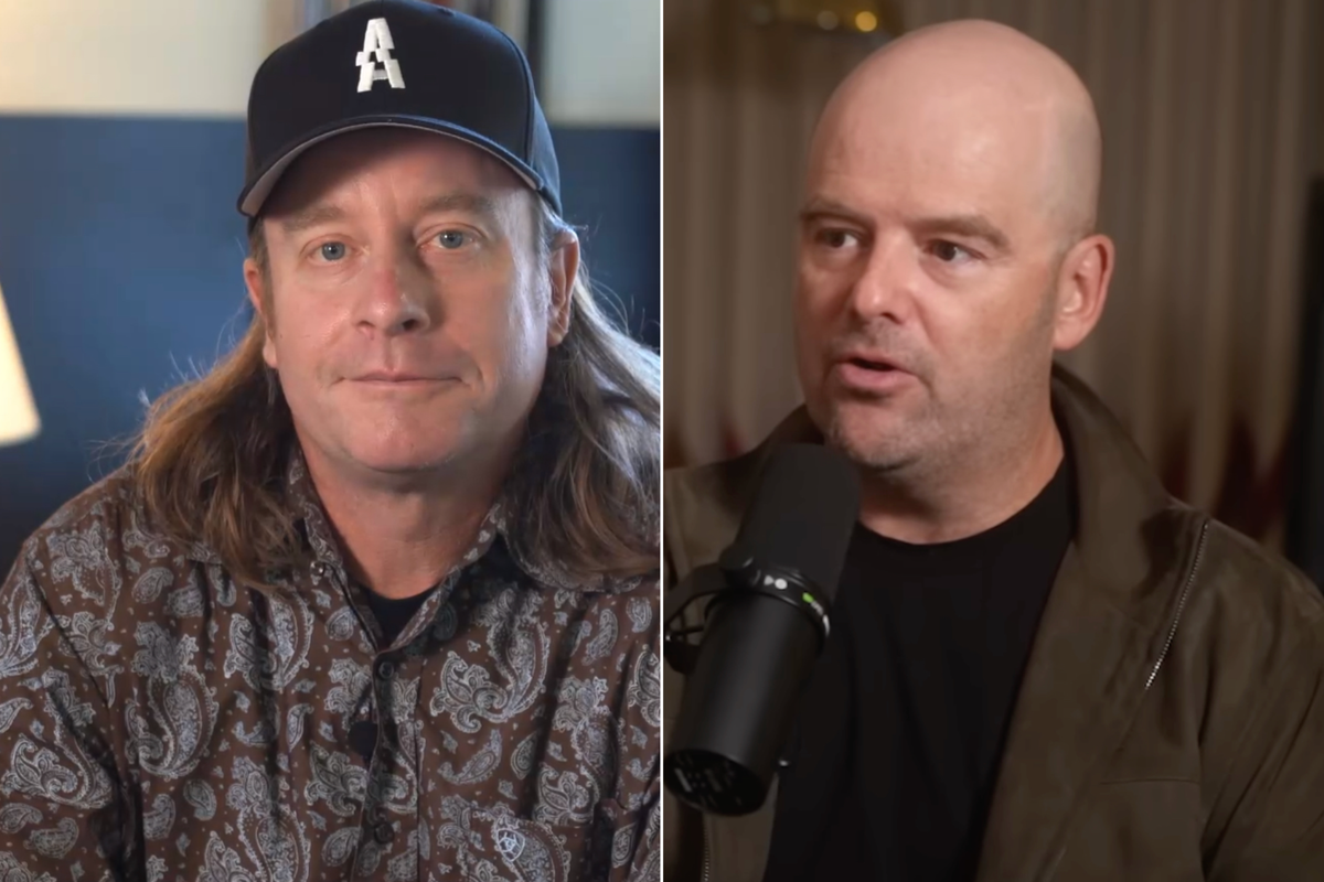 A composite image of Lazlow and Dan Houser