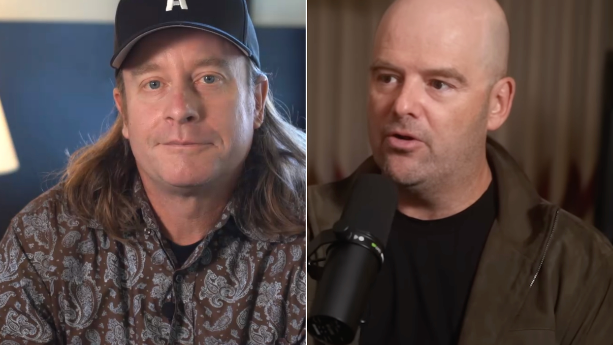 A composite image of Lazlow and Dan Houser