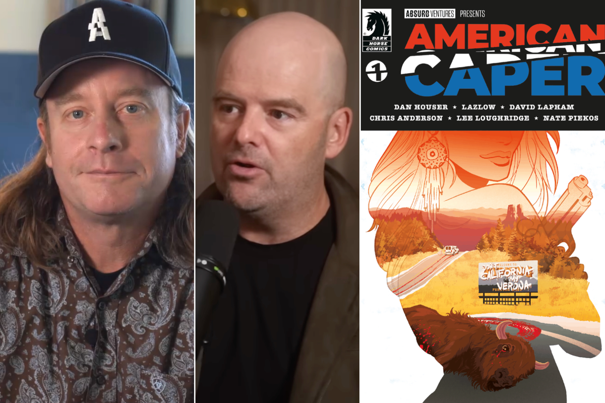 A composite image of Lazlow, Dan Houser and issue one of American Caper