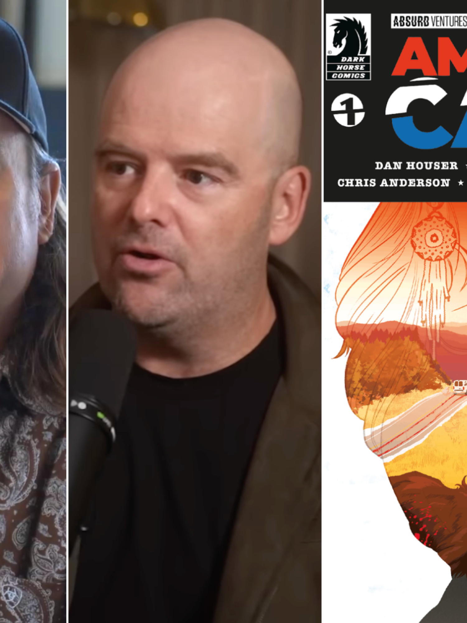 A composite image of Lazlow, Dan Houser and issue one of American Caper