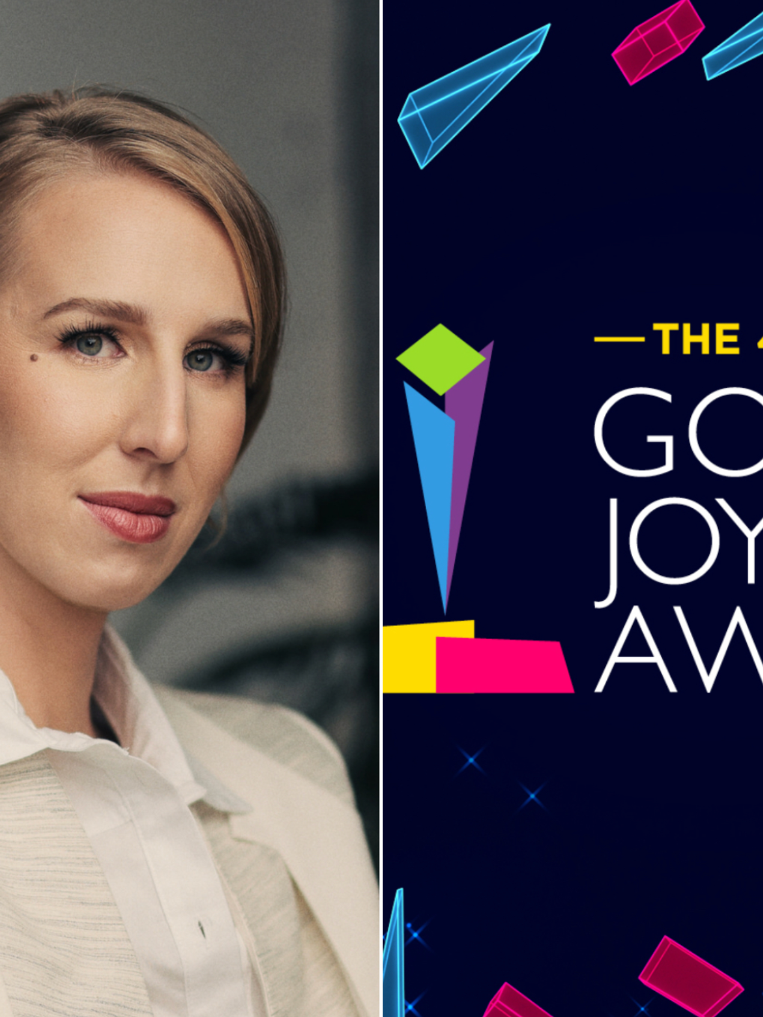 A composite image of Maggie Robertson and The Golden Joystick Awards logo