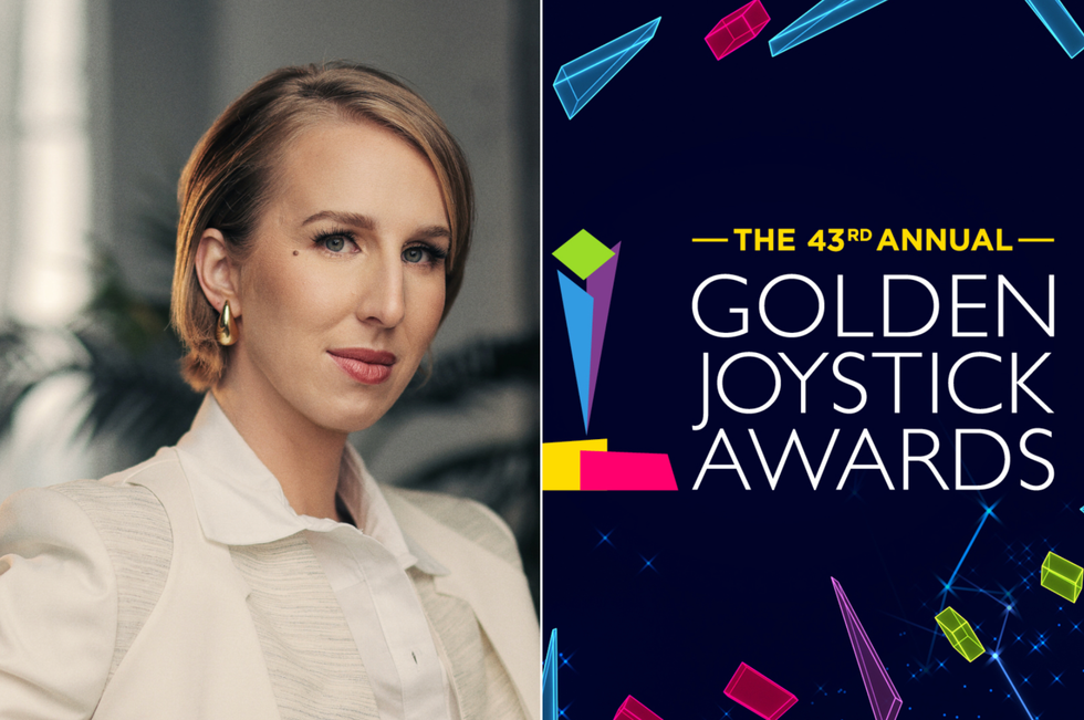 A composite image of Maggie Robertson and the logo for The Golden Joystick Awards