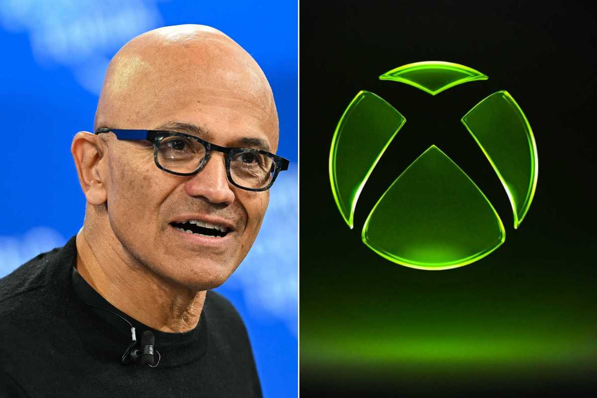 A composite image of Microsoft CEO Satya Nadella and the new XBOX logo