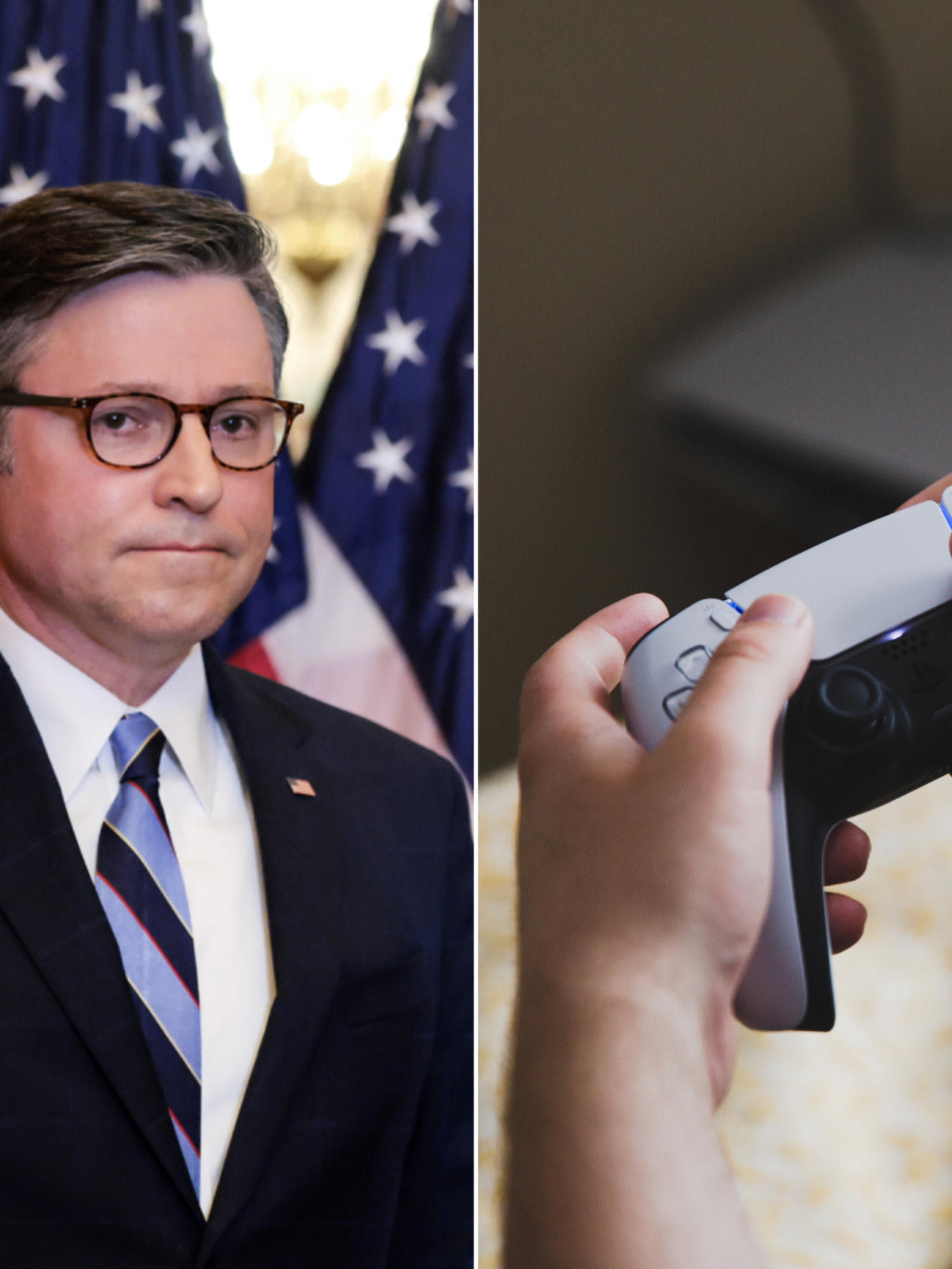 A composite image of Milke Johnson and someone using a PlayStation controller