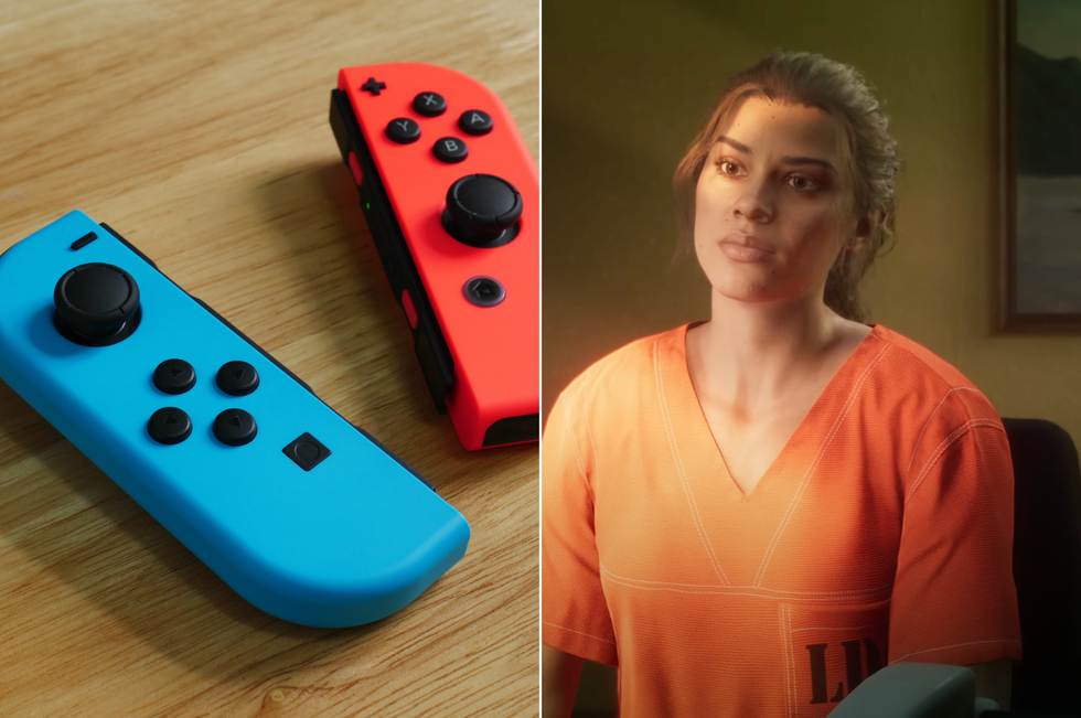 A composite image of Nintendo Switch controllers and a screenshot of Lucia from the GTA 6 trailer