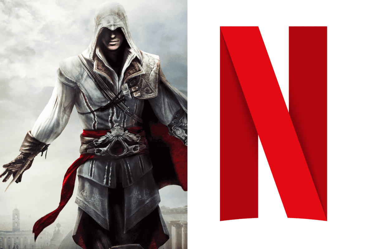 A composite image of official artwork for Assassin's Creed The Ezio Collection and the Netflix logo