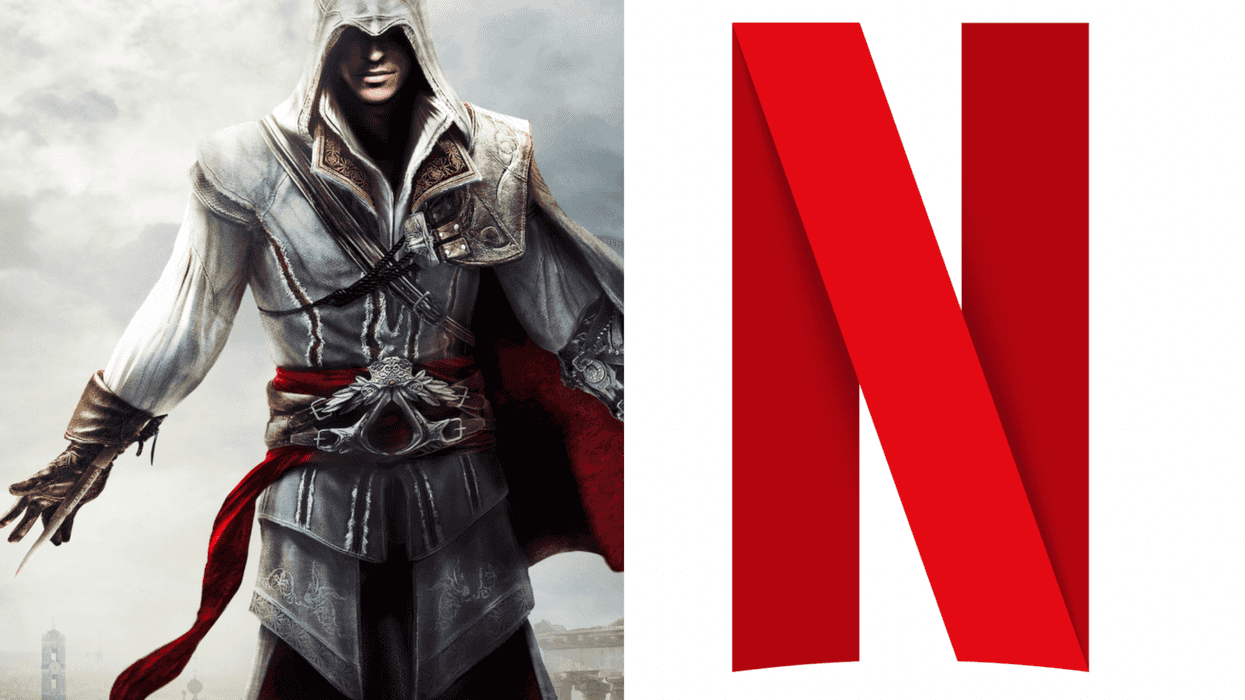 A composite image of official artwork for Assassin's Creed The Ezio Collection and the Netflix logo