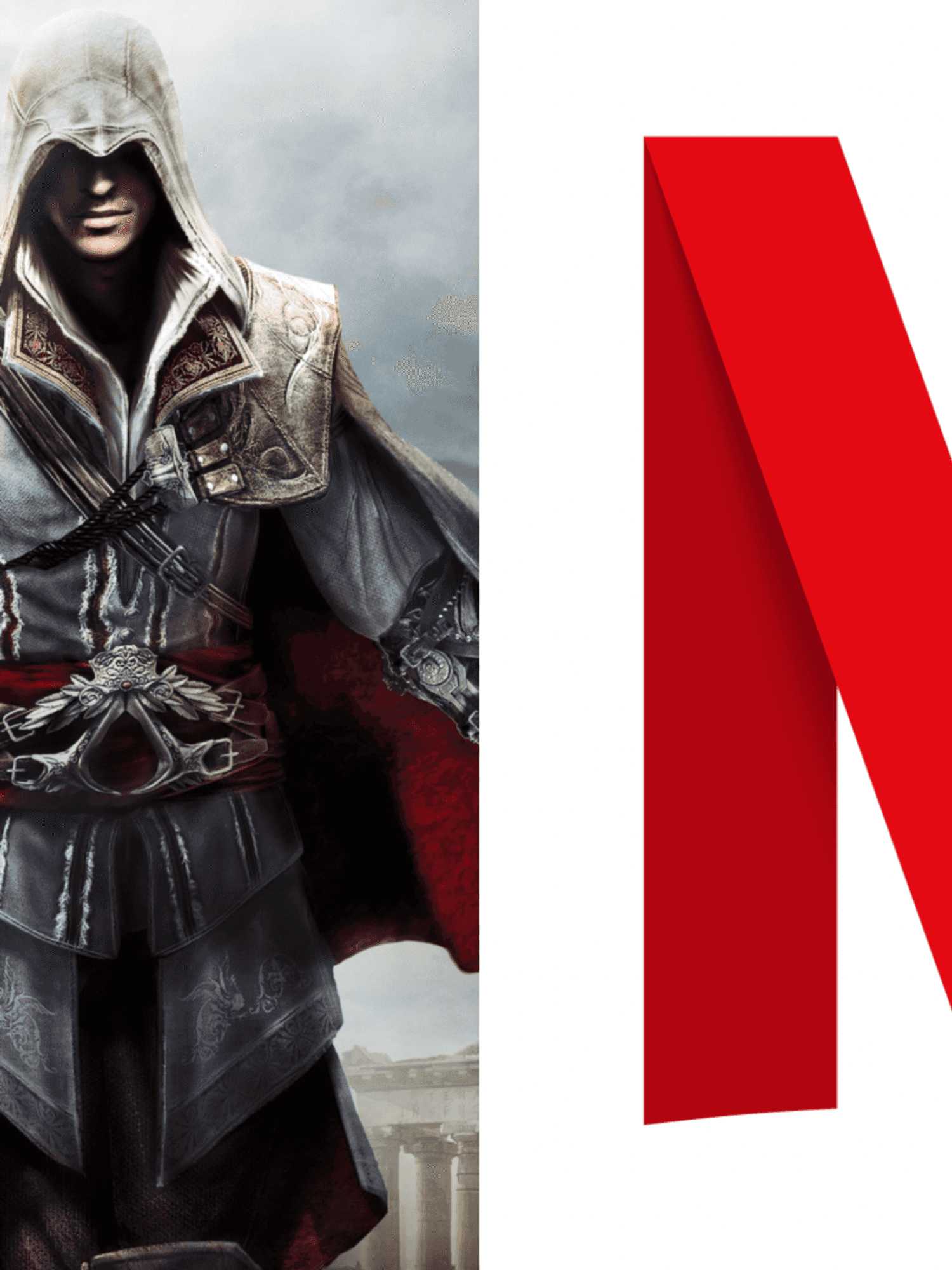 A composite image of official artwork for Assassin's Creed The Ezio Collection and the Netflix logo