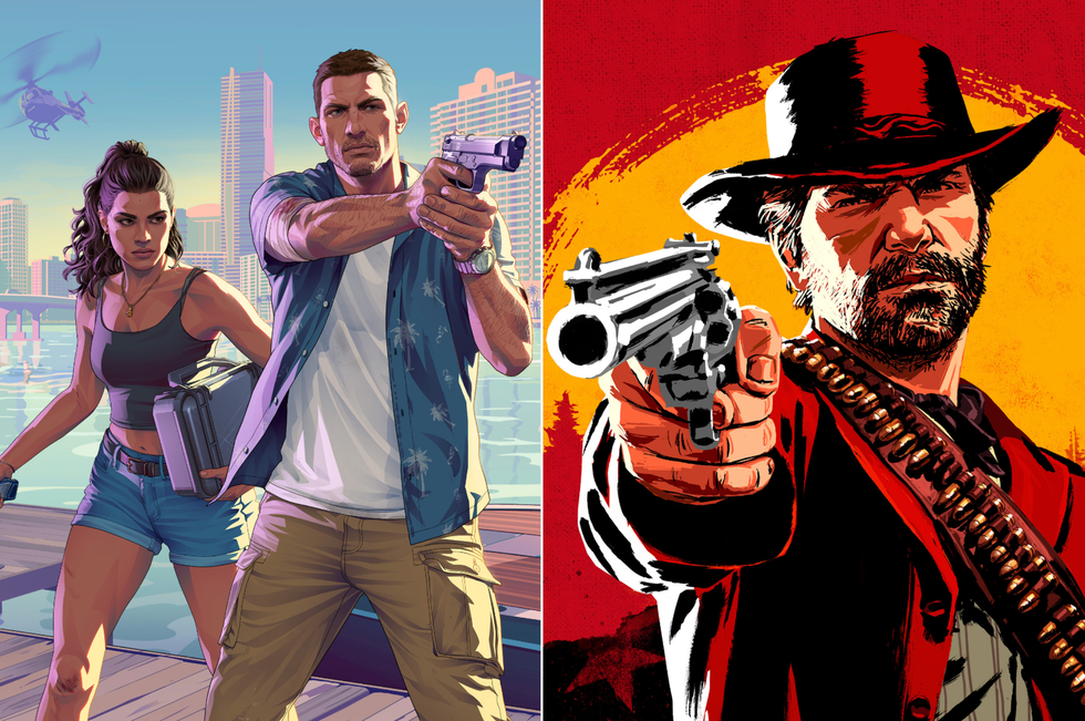 A composite image of official artwork from GTA 6 and Red Dead Redemption 2